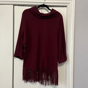 Terre Bleue Burgundy Cowl Neck 3/4 Sleeve Fringe Tunic Top Women's XL‎